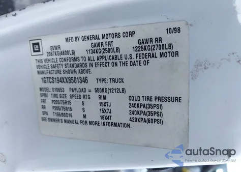 1999 GMC Sonoma Sls from USA, damaged, VIN 1GTCS194XX8501346